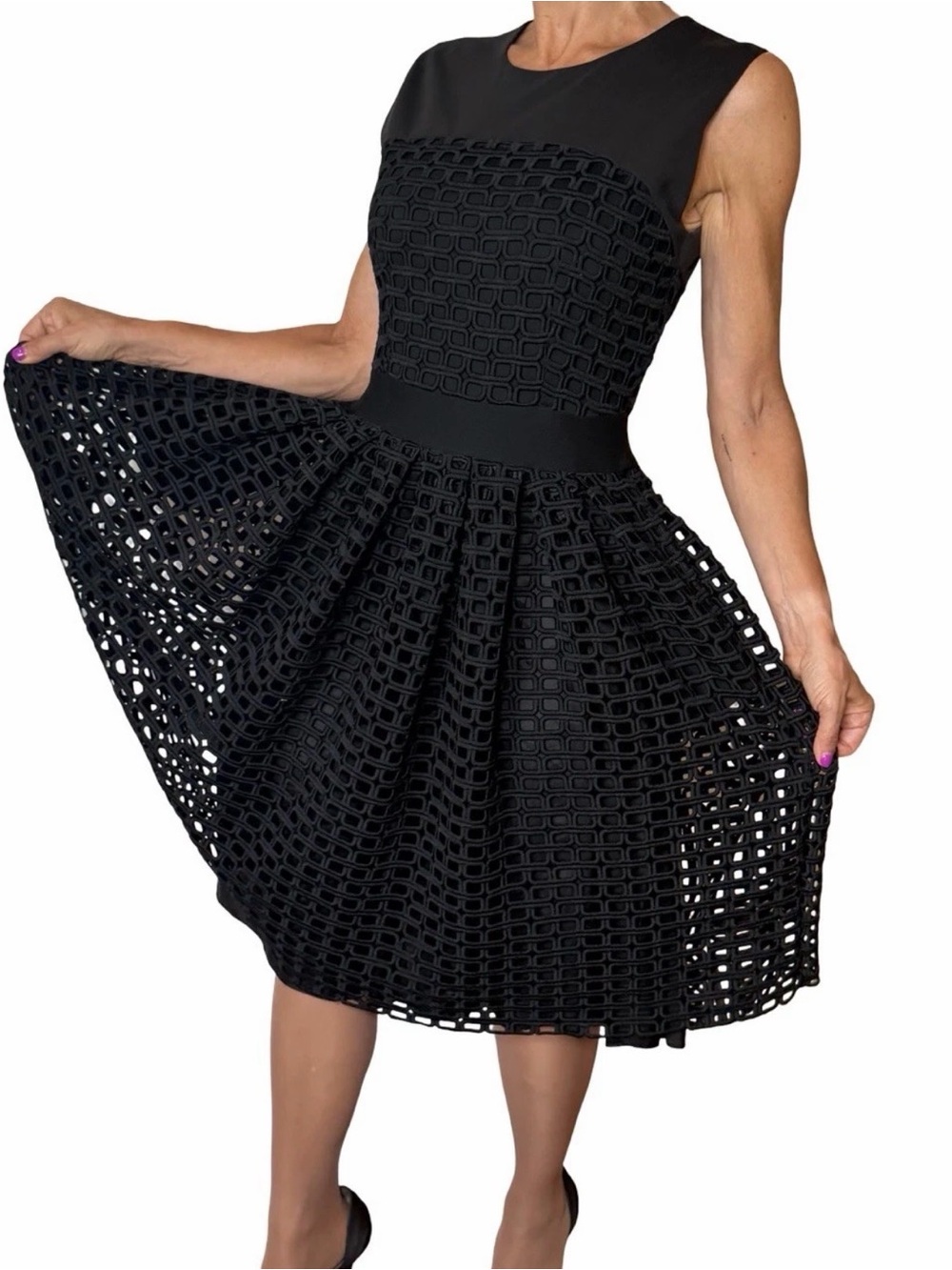 Maje Black Sleeveless Mesh Overlay Fit-and-Flare Dress